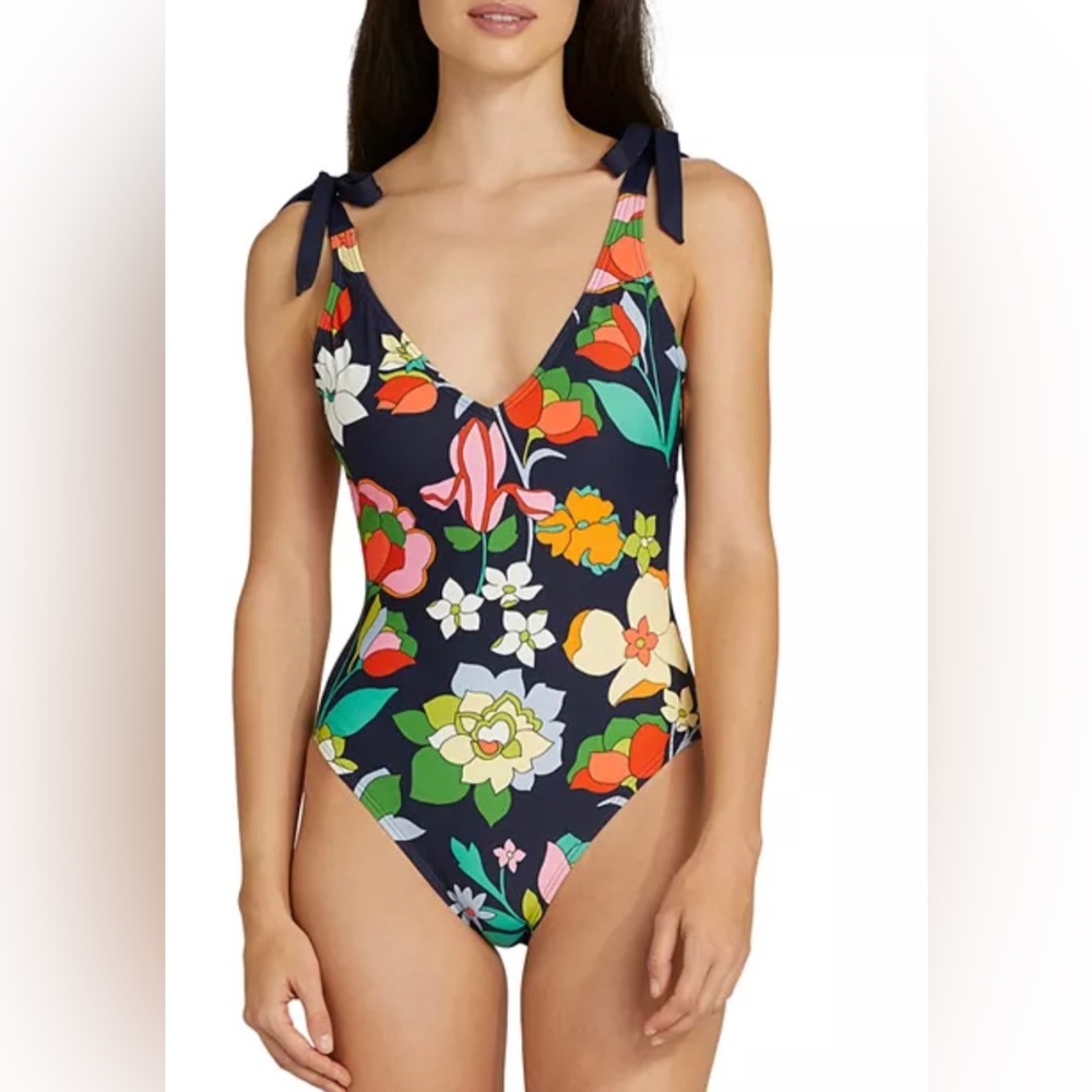 Kate Spade Floral Shoulder Tie Plunge Neck One Piece Swimsuit size XL NWT